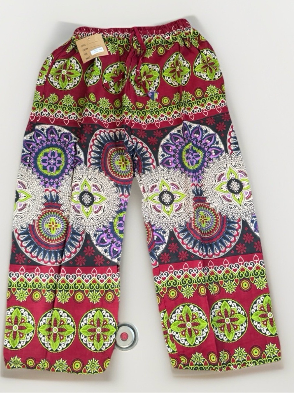 Ashley Taylor Boho Ethnic Mandala Wide Leg Pants Maroon Floral Hippie One Size